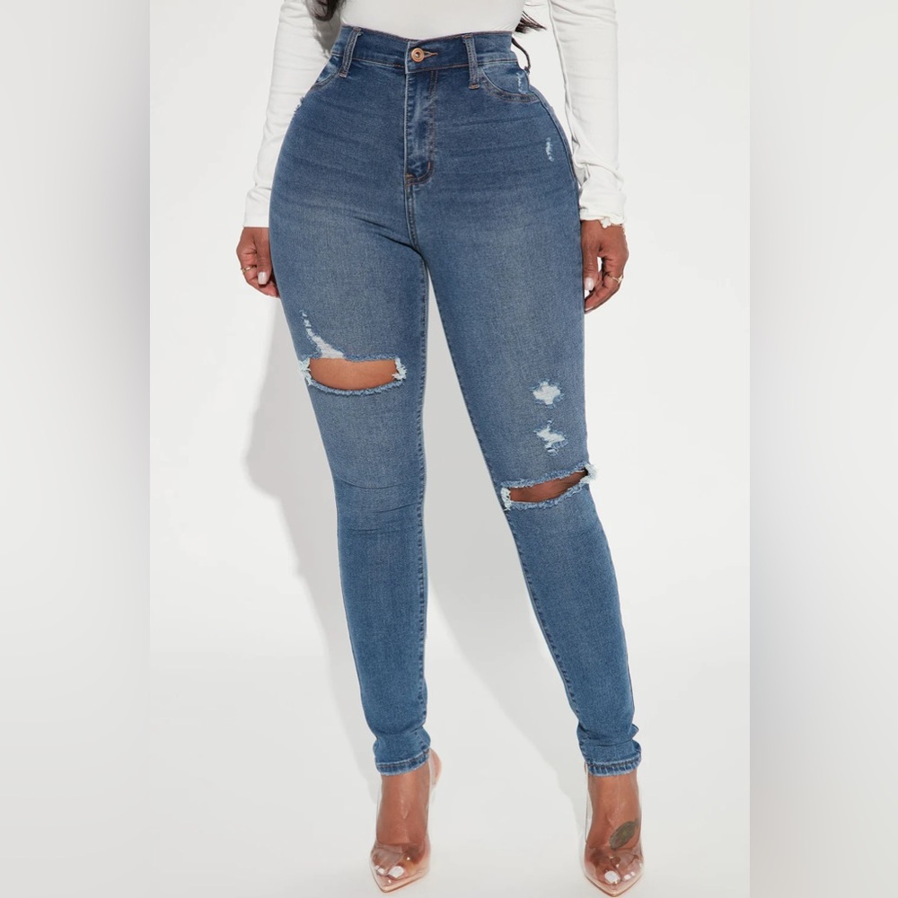 Fashion Nova Turn Heads High-Waisted Distressed Blue Jeans